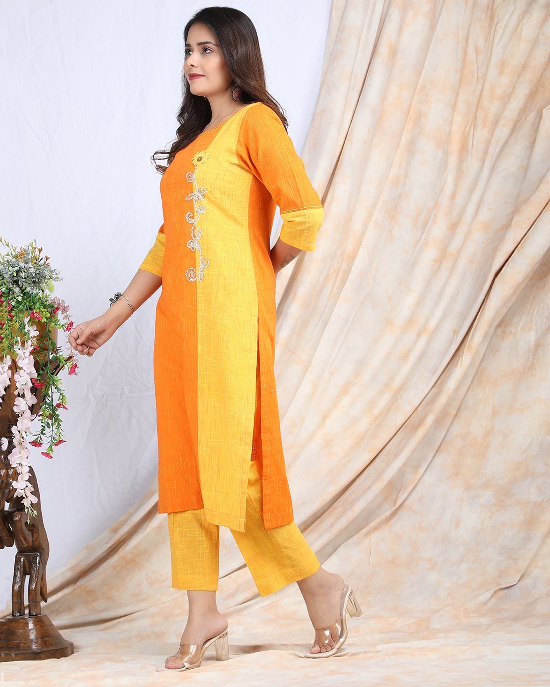 MADHYAM | Cotton Kurta Pant Set with Color Panelling - Ritivesh By Ritika Aggarwal