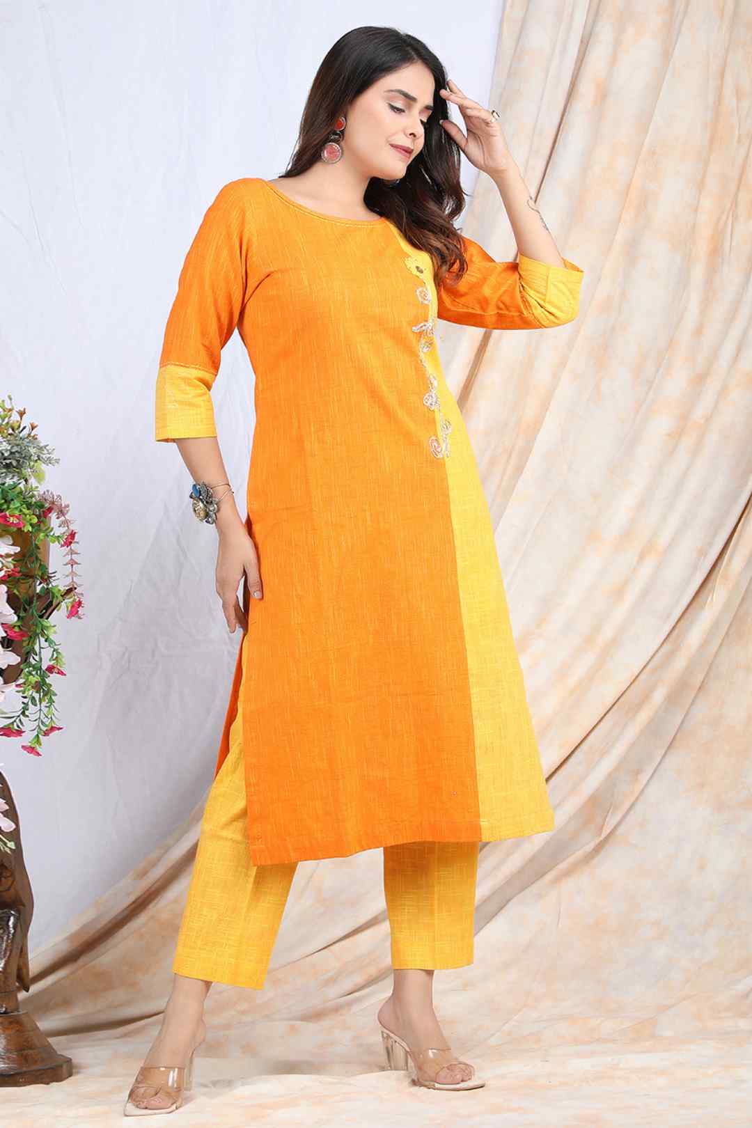 MADHYAM | Cotton Kurta Pant Set with Color Panelling - Ritivesh By Ritika Aggarwal
