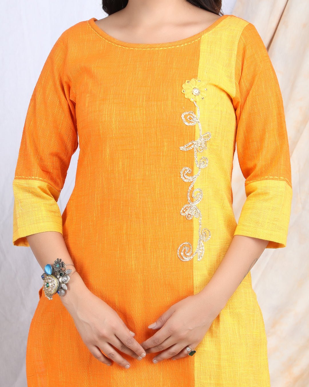 MADHYAM | Cotton Kurta Pant Set with Color Panelling - Ritivesh By Ritika Aggarwal
