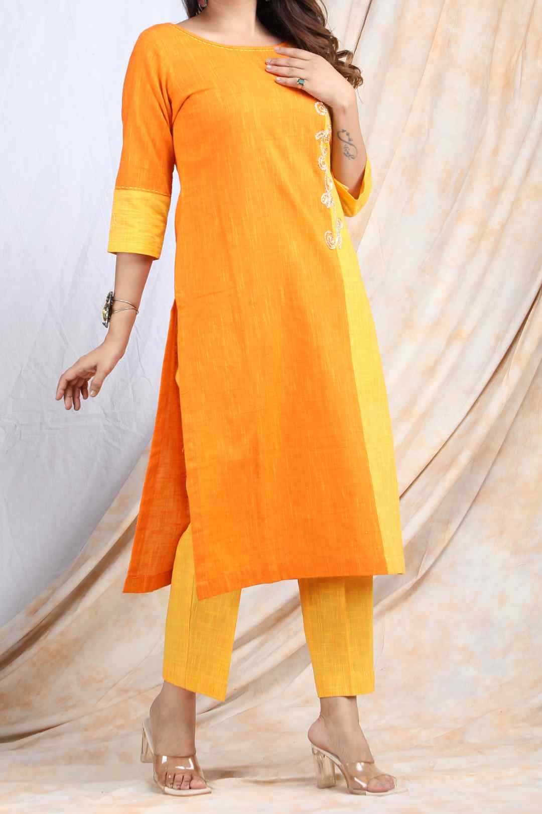 MADHYAM | Cotton Kurta Pant Set with Color Panelling - Ritivesh By Ritika Aggarwal