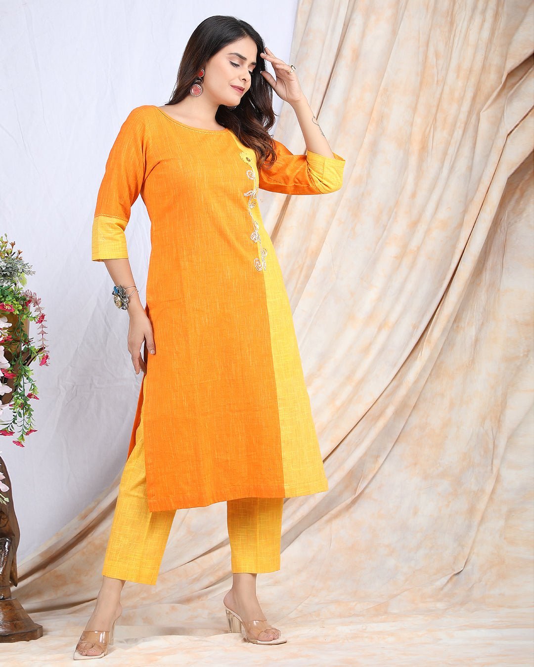 MADHYAM | Cotton Kurta Pant Set with Color Panelling - Ritivesh By Ritika Aggarwal