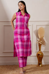 Magenta Check Cotton Straight Kurta & Pant - Ritivesh By Ritika Aggarwal