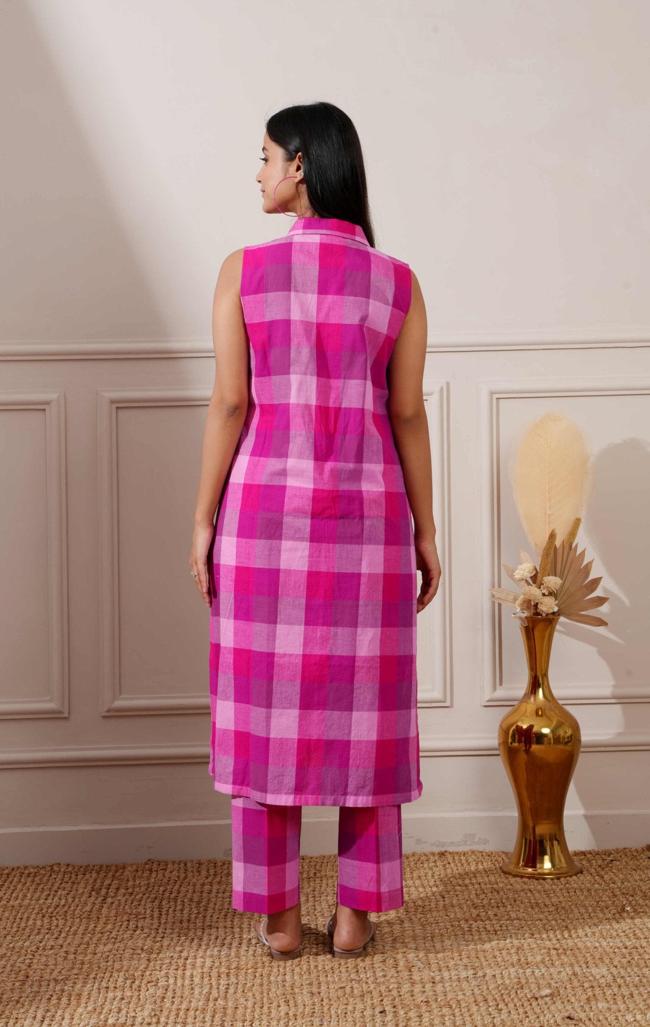 Magenta Check Cotton Straight Kurta & Pant - Ritivesh By Ritika Aggarwal