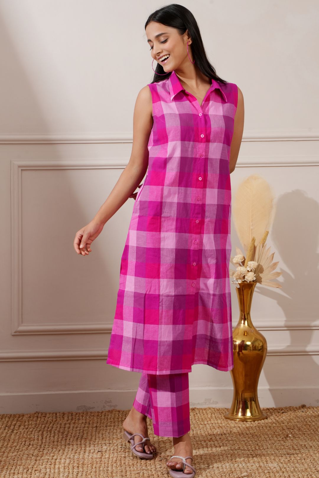 Magenta Check Cotton Straight Kurta & Pant - Ritivesh By Ritika Aggarwal