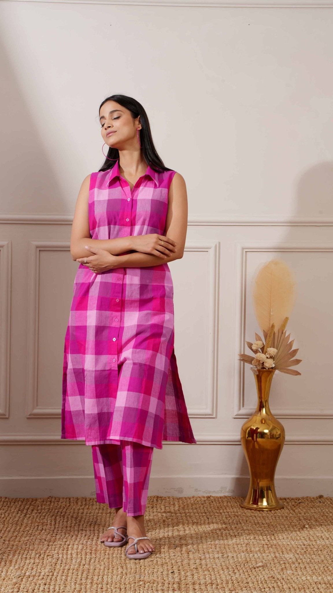 Magenta Check Cotton Straight Kurta & Pant - Ritivesh By Ritika Aggarwal