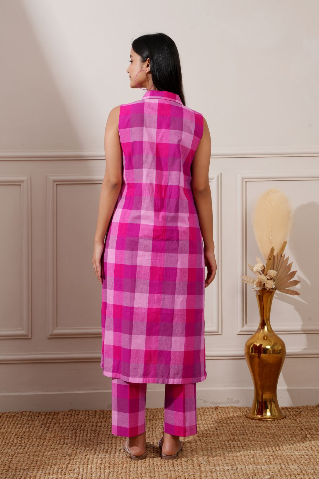 Magenta Check Cotton Straight Kurta & Pant - Ritivesh By Ritika Aggarwal