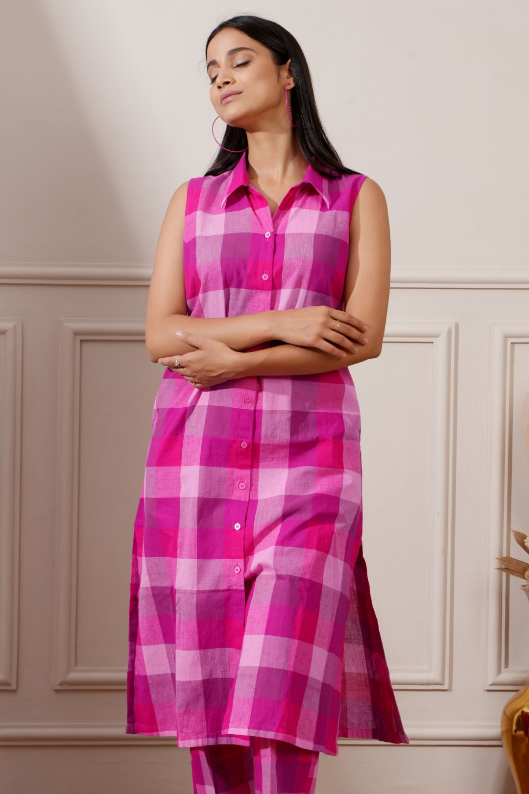 Magenta Check Cotton Straight Kurta & Pant - Ritivesh By Ritika Aggarwal