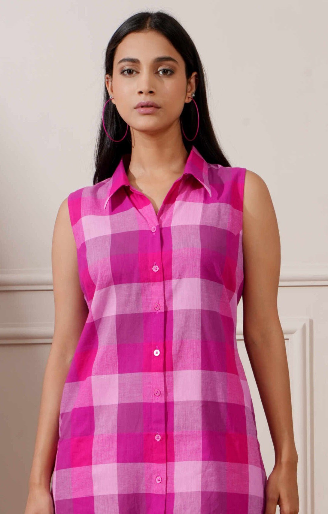 Magenta Check Cotton Straight Kurta & Pant - Ritivesh By Ritika Aggarwal