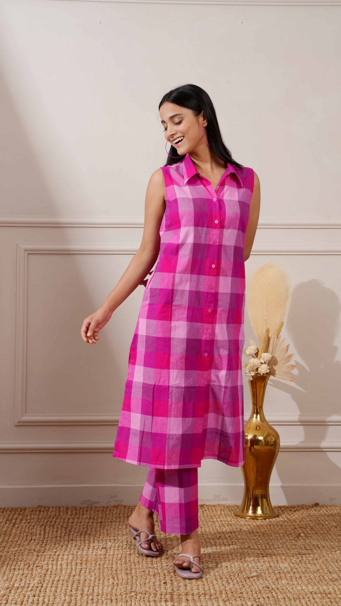 Magenta Check Cotton Straight Kurta & Pant - Ritivesh By Ritika Aggarwal