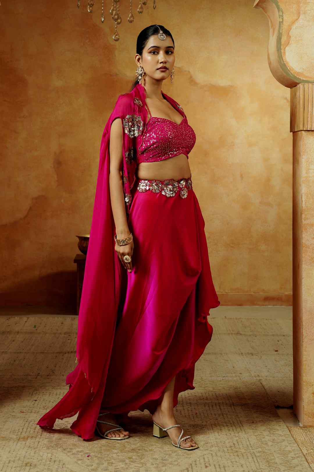 Magenta Dhoti Set with Floral Sequin Embriodery - Ritivesh By Ritika Aggarwal