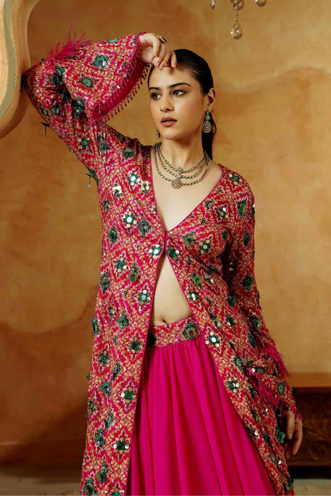 Magenta Mirror Work Jacket Lehenga Set - Ritivesh By Ritika Aggarwal