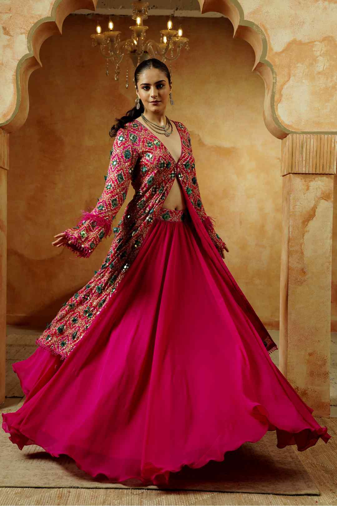 Magenta Mirror Work Jacket Lehenga Set - Ritivesh By Ritika Aggarwal
