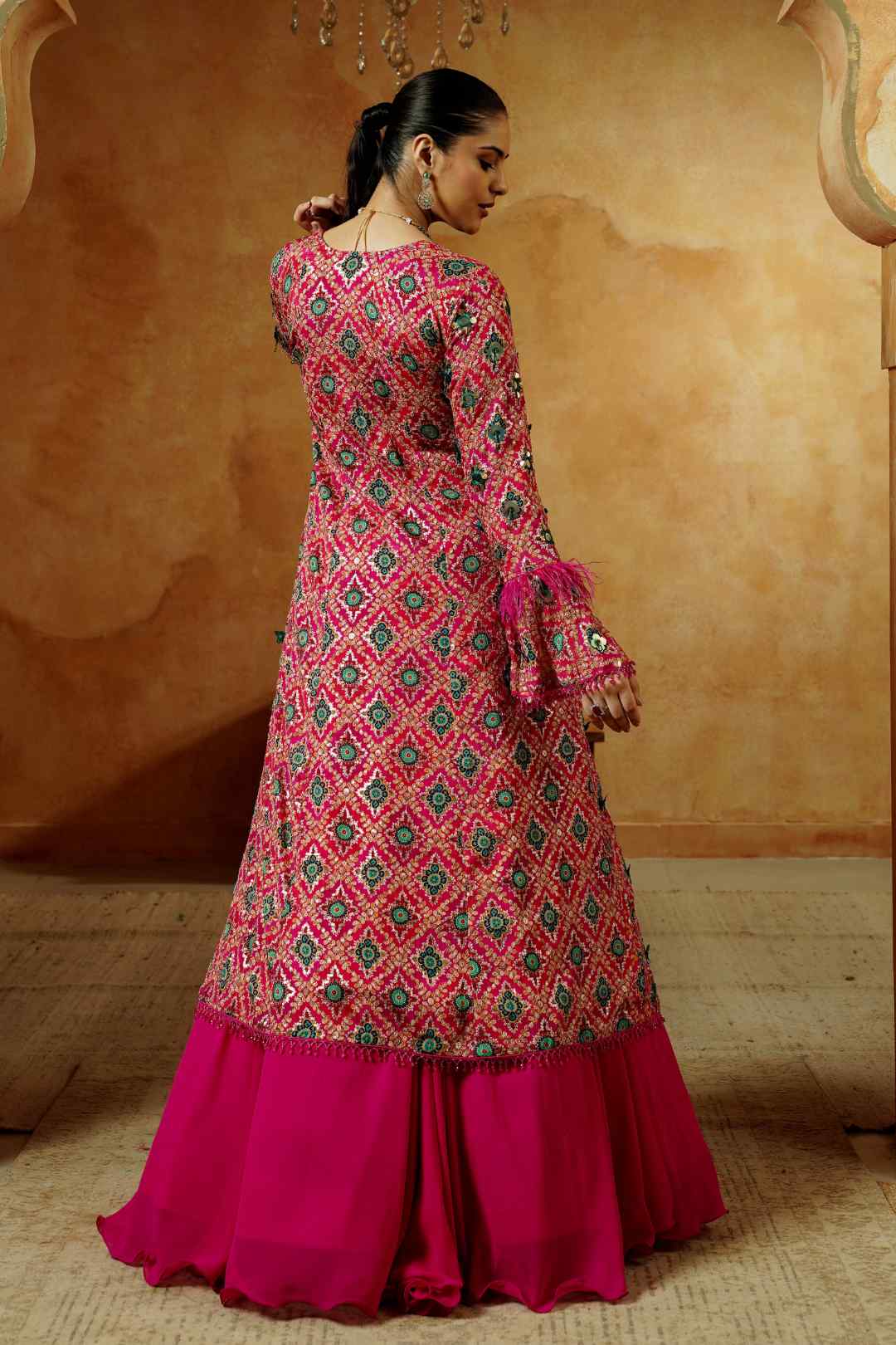 Magenta Mirror Work Jacket Lehenga Set - Ritivesh By Ritika Aggarwal