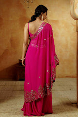 Magenta One - Shoulder Embroidered Kurta Set - Ritivesh By Ritika Aggarwal
