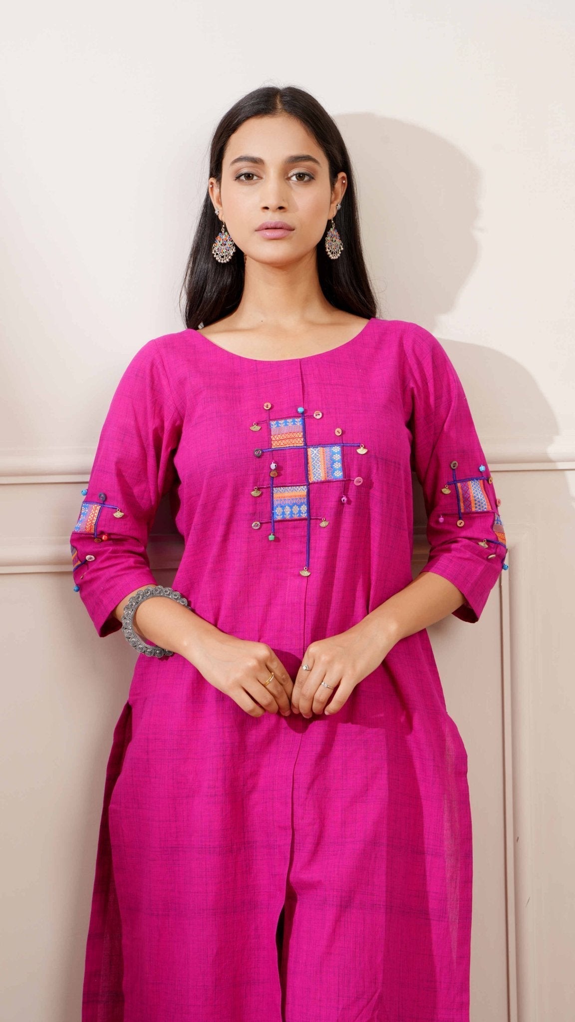 Magenta Slub Handloom Cotton Straight Kurta & Pants - Ritivesh By Ritika Aggarwal