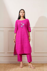Magenta Slub Handloom Cotton Straight Kurta & Pants - Ritivesh By Ritika Aggarwal