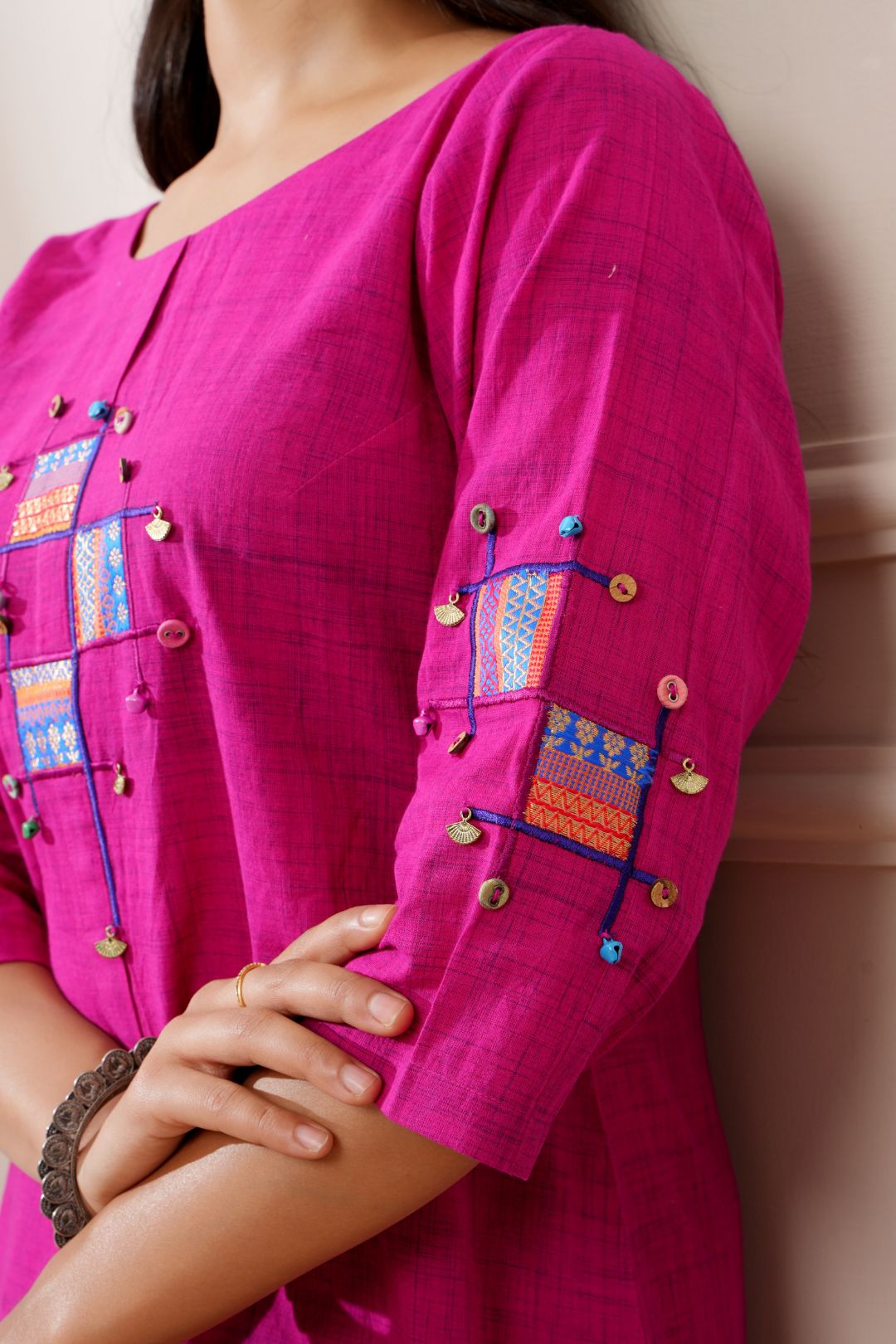Magenta Slub Handloom Cotton Straight Kurta & Pants - Ritivesh By Ritika Aggarwal