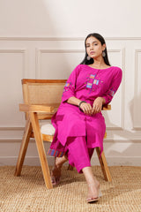 Magenta Slub Handloom Cotton Straight Kurta & Pants - Ritivesh By Ritika Aggarwal