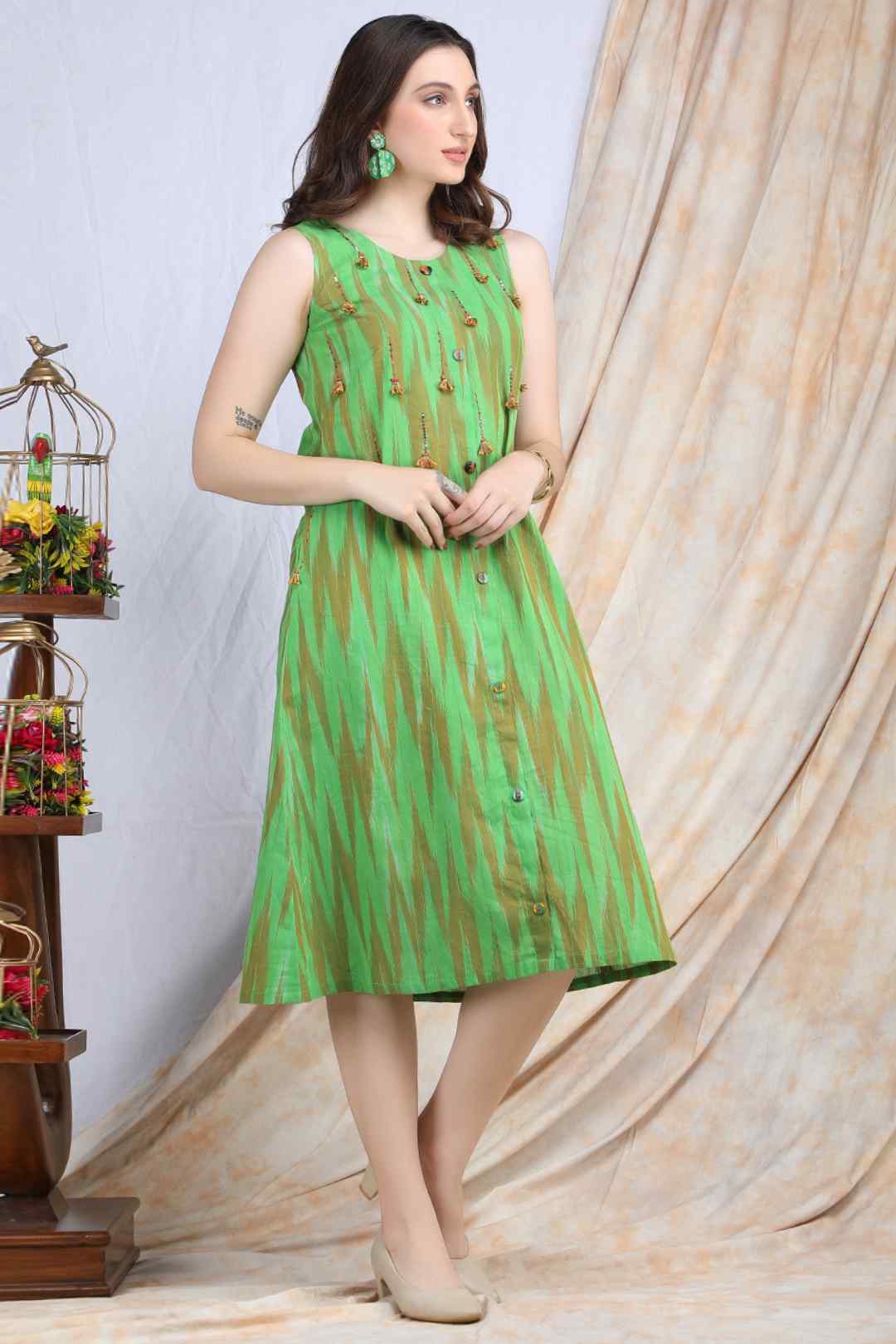 MELA | Green cotton knee length Dress/Kurta - Ritivesh By Ritika Aggarwal