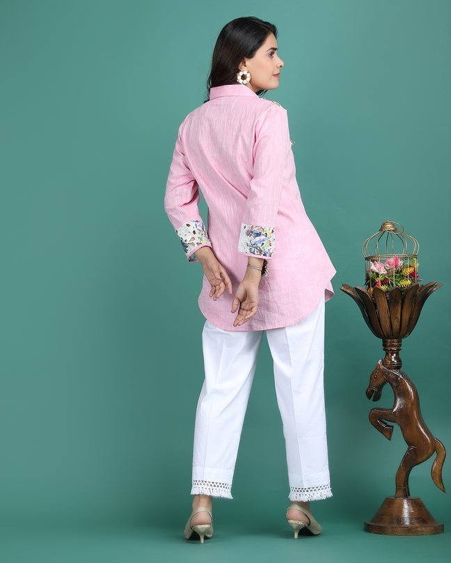 MORGANITE | Pink cotton shirt with crochet yoke - Ritivesh By Ritika Aggarwal
