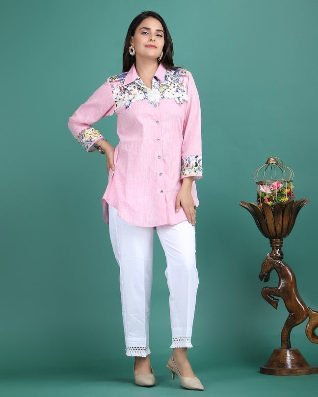 MORGANITE | Pink cotton shirt with crochet yoke - Ritivesh By Ritika Aggarwal