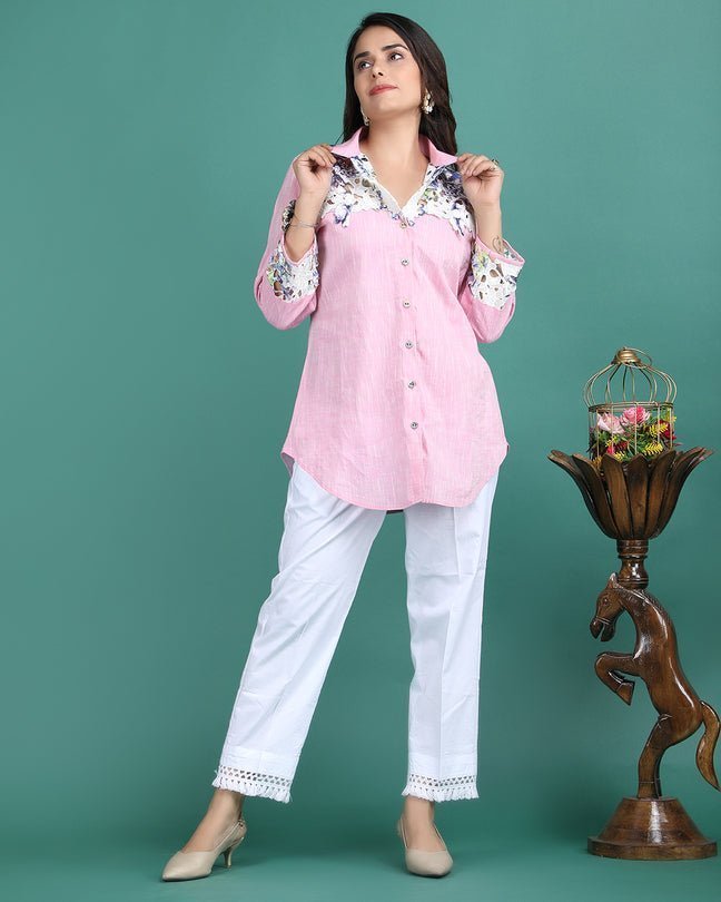 MORGANITE | Pink cotton shirt with crochet yoke - Ritivesh By Ritika Aggarwal