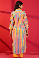 Multi - Stripe Cotton Hand - Crafted Straight Kurta with Pant - Ritivesh By Ritika Aggarwal