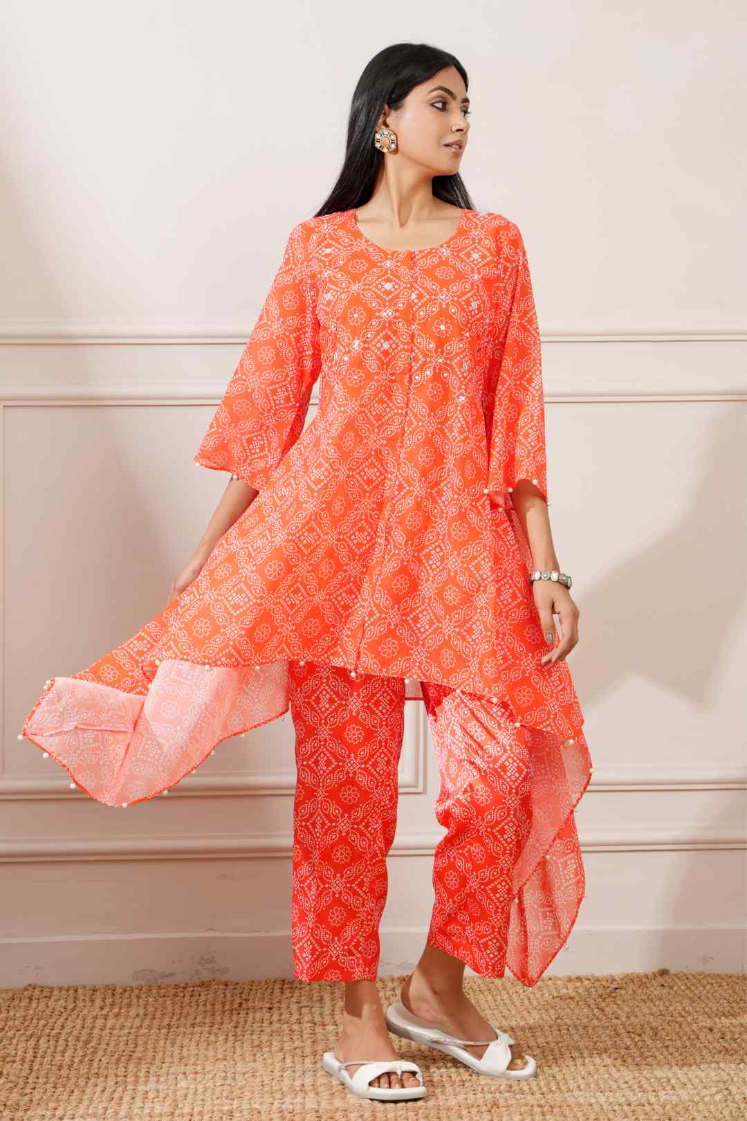 Orange Georgette Bandhej Asymmetrical Kurta Pant Set - Ritivesh By Ritika Aggarwal