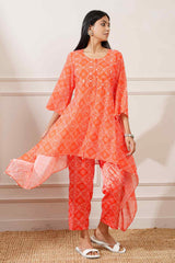 Orange Georgette Bandhej Asymmetrical Kurta Pant Set - Ritivesh By Ritika Aggarwal
