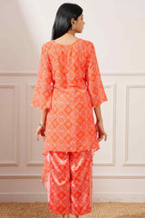 Orange Georgette Bandhej Asymmetrical Kurta Pant Set - Ritivesh By Ritika Aggarwal