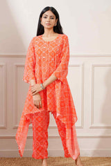 Orange Georgette Bandhej Asymmetrical Kurta Pant Set - Ritivesh By Ritika Aggarwal