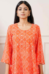 Orange Georgette Bandhej Asymmetrical Kurta Pant Set - Ritivesh By Ritika Aggarwal