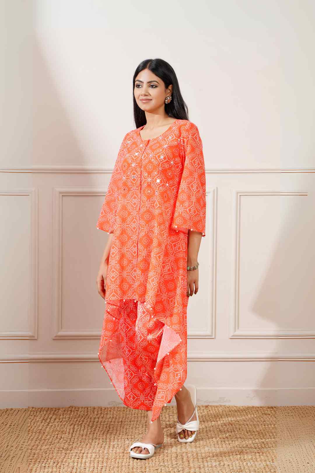 Orange Georgette Bandhej Asymmetrical Kurta Pant Set - Ritivesh By Ritika Aggarwal
