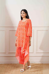 Orange Georgette Bandhej Asymmetrical Kurta Pant Set - Ritivesh By Ritika Aggarwal