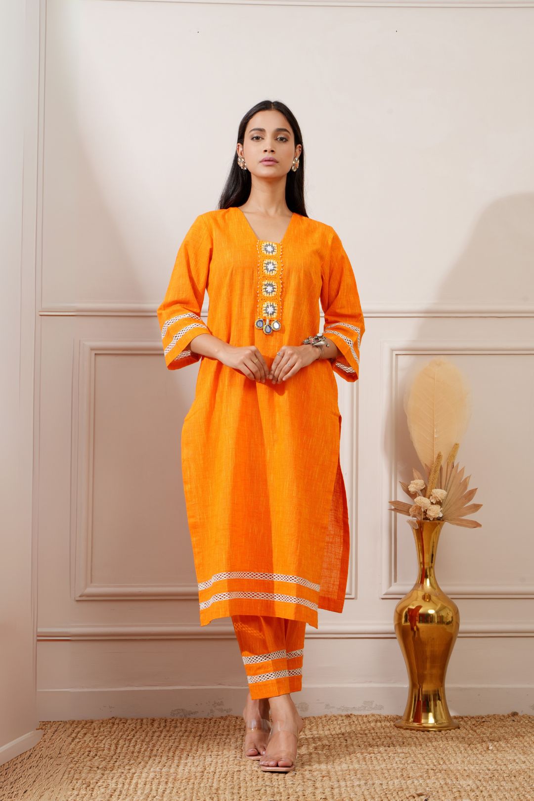 Orange Slub Handloom Cotton Straight Kurta & Pant - Ritivesh By Ritika Aggarwal