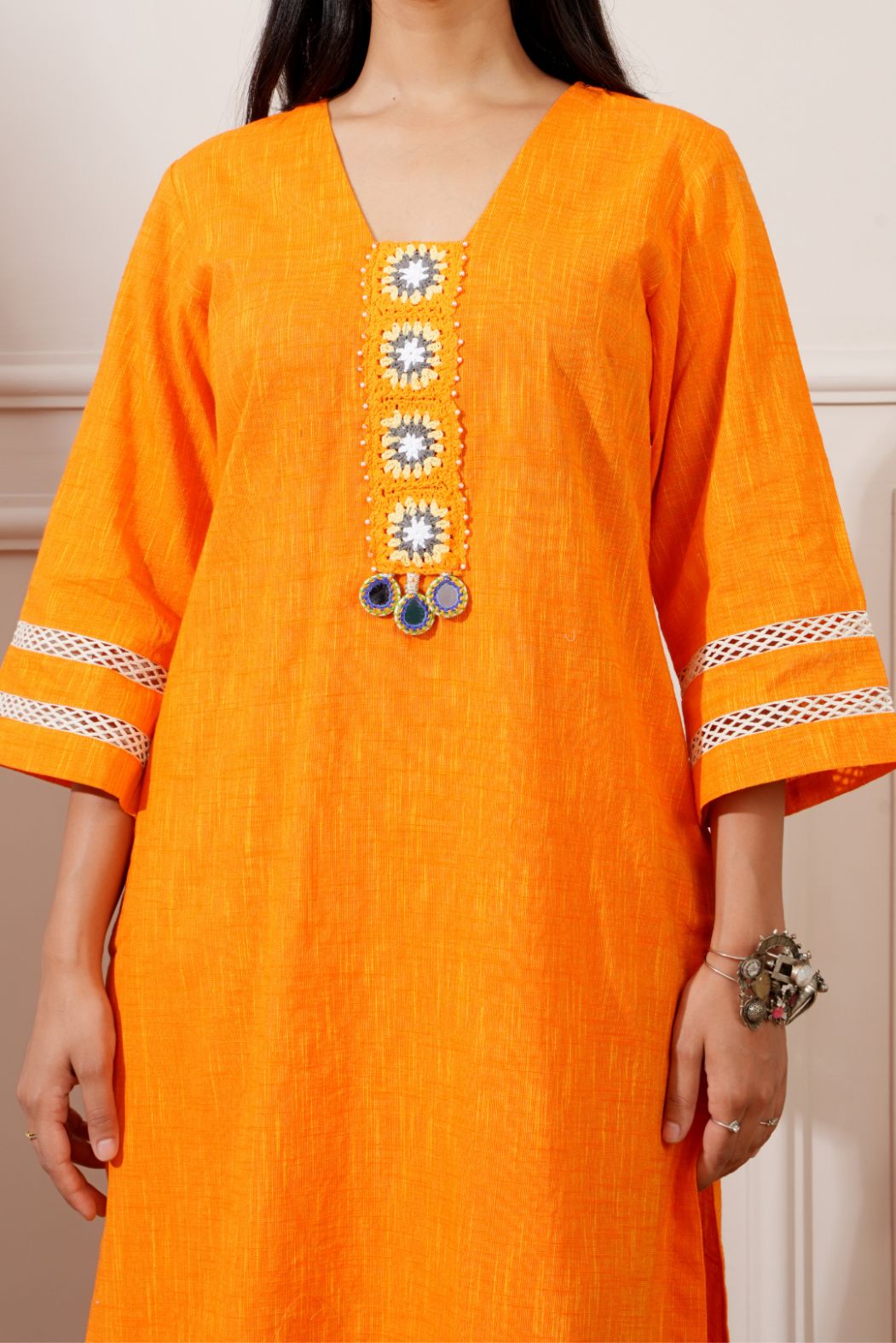 Orange Slub Handloom Cotton Straight Kurta & Pant - Ritivesh By Ritika Aggarwal
