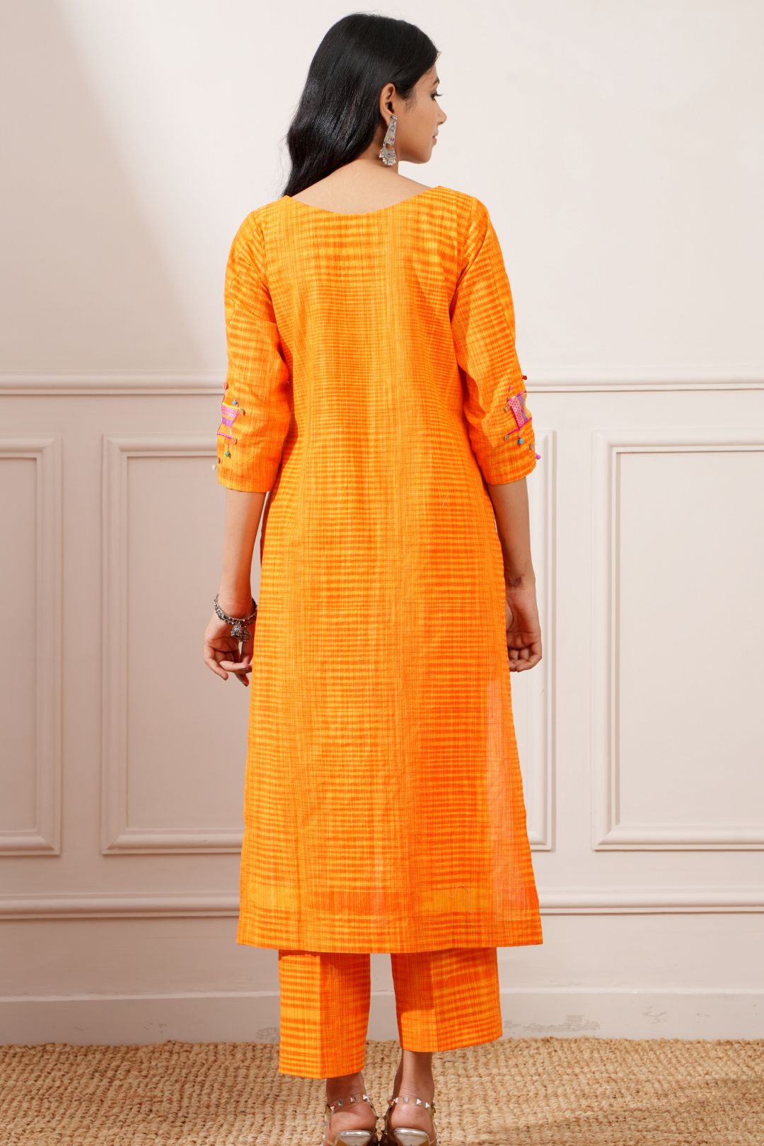 Orange Slub Handloom Cotton Straight Kurta & Pant - Ritivesh By Ritika Aggarwal