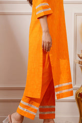 Orange Slub Handloom Cotton Straight Kurta & Pant - Ritivesh By Ritika Aggarwal