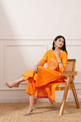 Orange Slub Handloom Cotton Straight Kurta & Pant - Ritivesh By Ritika Aggarwal