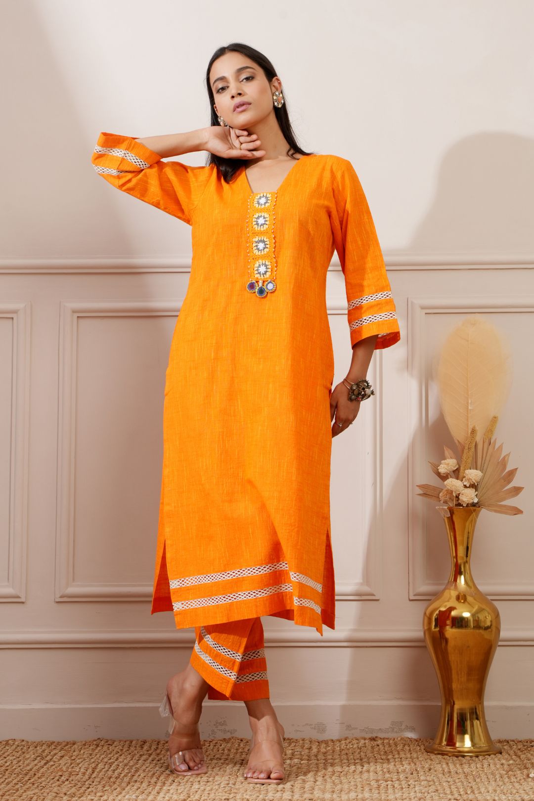 Orange Slub Handloom Cotton Straight Kurta & Pant - Ritivesh By Ritika Aggarwal