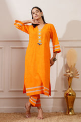 Orange Slub Handloom Cotton Straight Kurta & Pant - Ritivesh By Ritika Aggarwal