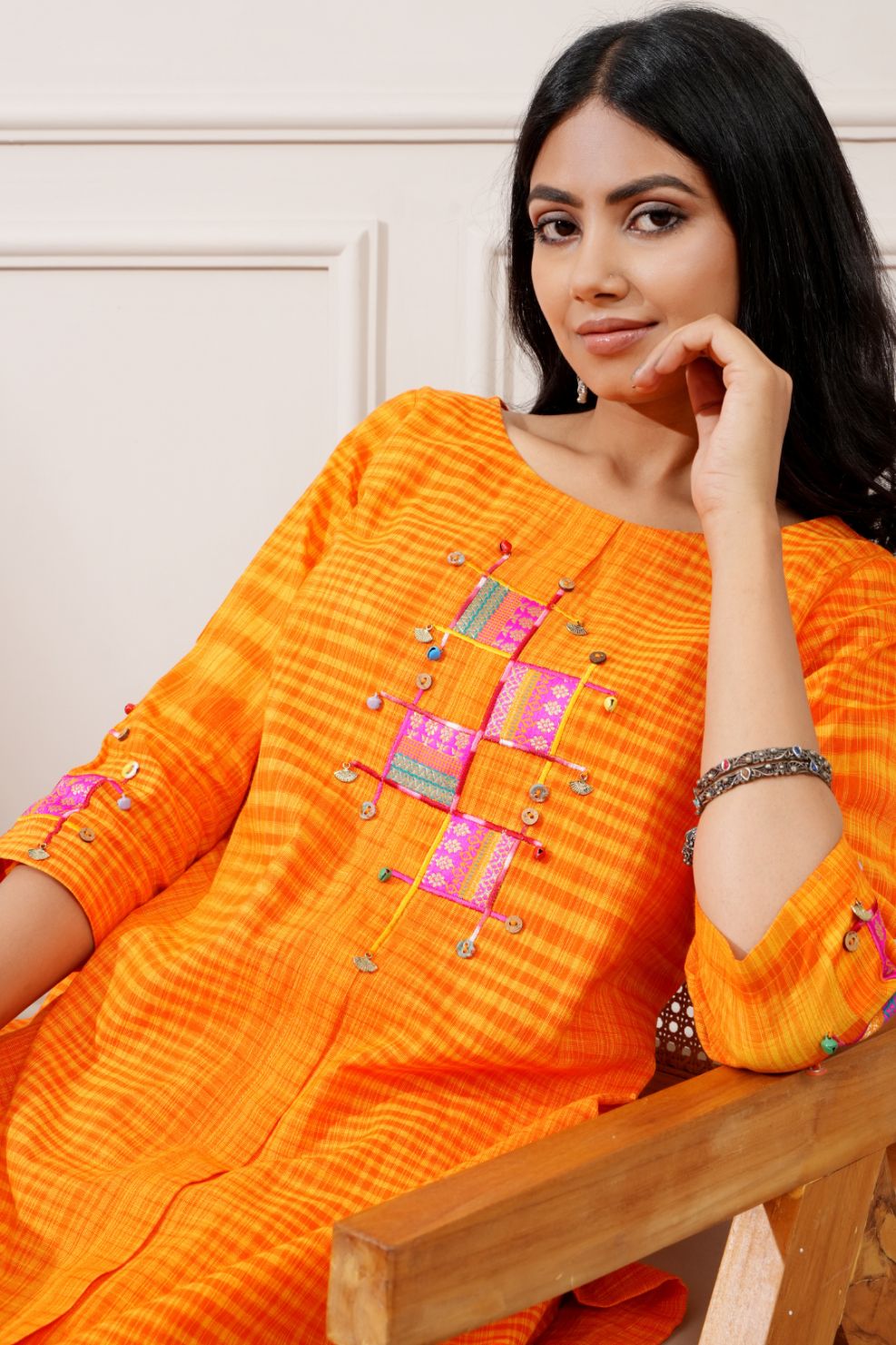 Orange Slub Handloom Cotton Straight Kurta & Pant - Ritivesh By Ritika Aggarwal