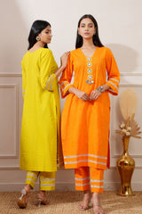 Orange Slub Handloom Cotton Straight Kurta & Pant - Ritivesh By Ritika Aggarwal