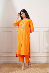 Orange Slub Handloom Cotton Straight Kurta & Pant - Ritivesh By Ritika Aggarwal
