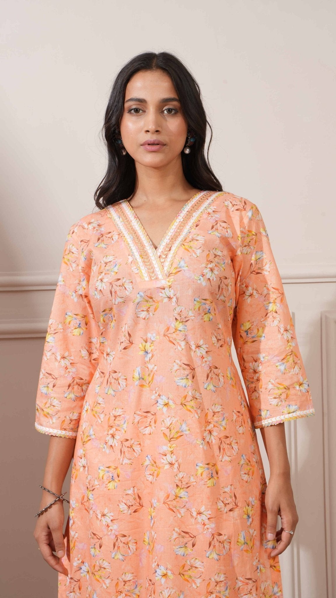 Peach Cotton Floral Digital Straight Kurta with Pant - Ritivesh By Ritika Aggarwal