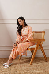 Peach Cotton Floral Digital Straight Kurta with Pant - Ritivesh By Ritika Aggarwal