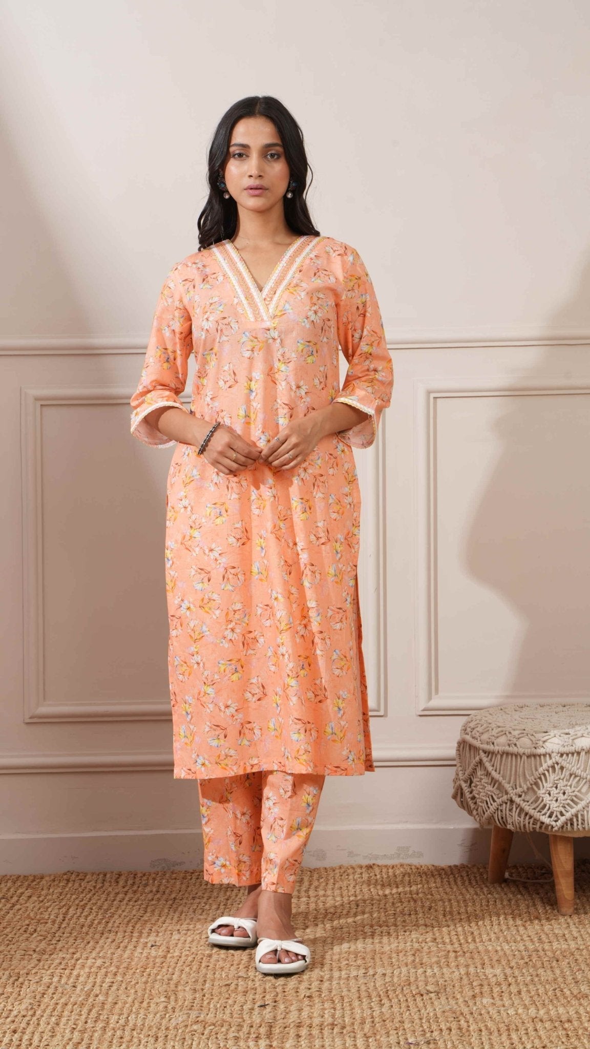 Peach Cotton Floral Digital Straight Kurta with Pant - Ritivesh By Ritika Aggarwal