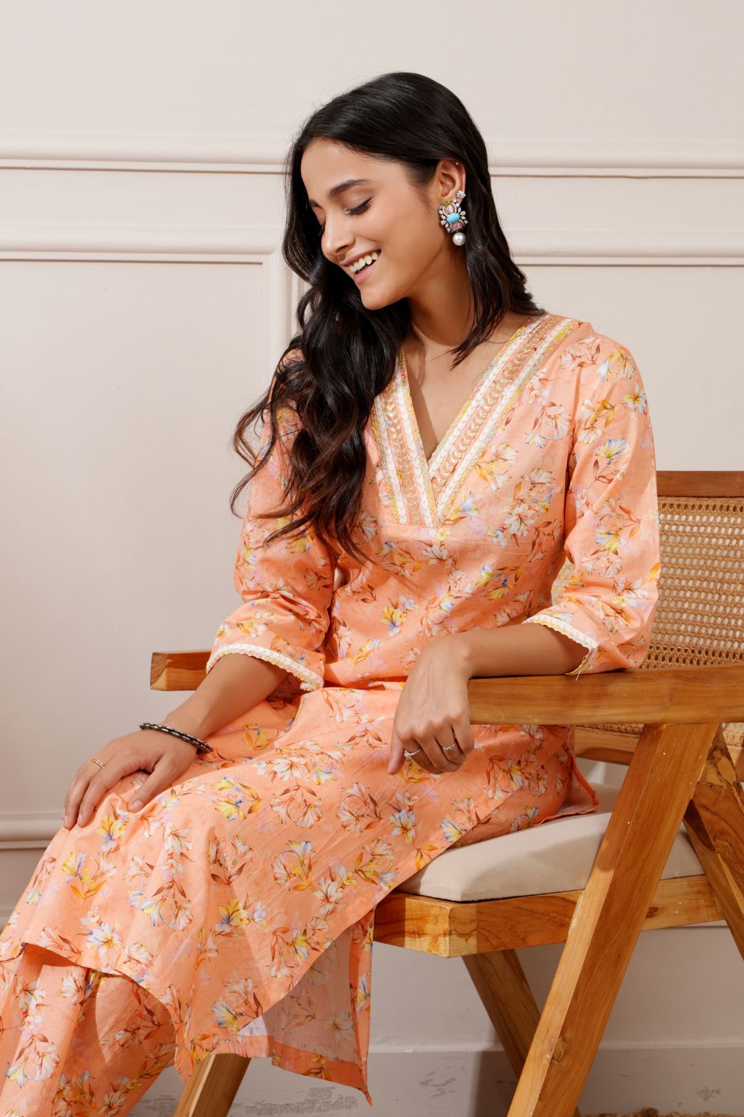 Peach Cotton Floral Digital Straight Kurta with Pant - Ritivesh By Ritika Aggarwal
