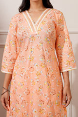 Peach Cotton Floral Digital Straight Kurta with Pant - Ritivesh By Ritika Aggarwal