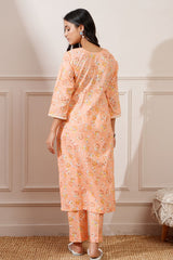 Peach Cotton Floral Digital Straight Kurta with Pant - Ritivesh By Ritika Aggarwal